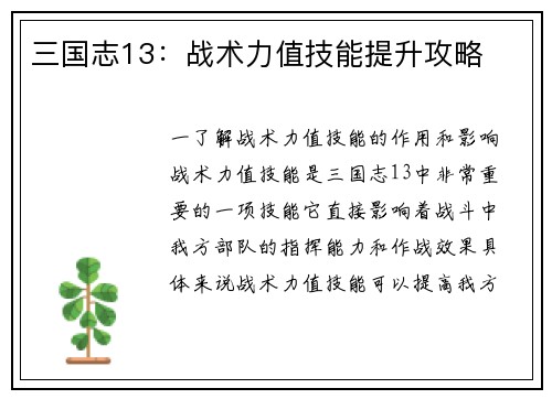 三国志13：战术力值技能提升攻略